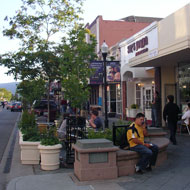 Sidewalk seating at mid-block crossings in Castro Street’s Flex Zone