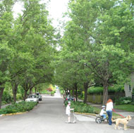 A green street retrofit which manages stormwater at the source through a vegetated swale, while enhancing the neighborhood Source: Google Street View 2012